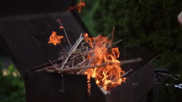 Detailní Záběr Muž Hází Štětcem Suchým Dřevem Oheň Grilu Oheň — Stock video