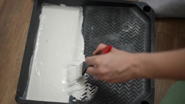 Close Unrecognizable Woman Carefully Mixes White Water Soluble Paint Paint — Stock Video