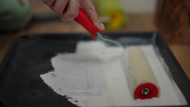 一个女人的手把一个宽的油漆辊浸在油漆盘的白色水溶性油漆中 — 图库视频影像