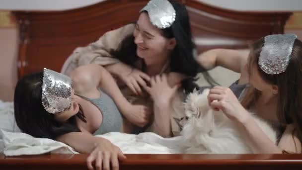 Tři Dívky Baví Poflakují Posteli Ložnici Objímají Bělošského Špiclovského Psa — Stock video