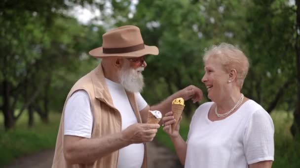Šťastní Prarodiče Jedí Zmrzlinu Smějí Když Stojí Venku Slunečného Letního — Stock video