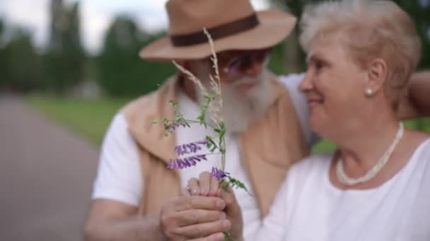 Een Bejaard Echtpaar Houdt Een Boeket Wilde Bloemen Hand Terwijl — Stockvideo