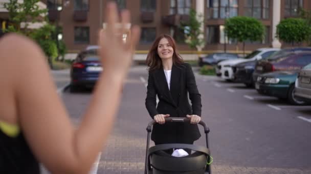 一个带着婴儿车的女人在夏日外出散步时遇见了她的朋友 女人笑着问候 高兴地相见 — 图库视频影像