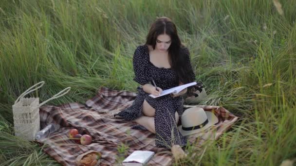 慢动作夏天的一天 一个年轻的女人坐在一块长满青草的田里 手里拿着一支笔在笔记本上写字 一个女孩在户外工作时从笔记本上撕下一张纸 — 图库视频影像