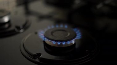 Yakın plan. Gaz ocağında, gaz çok güzel yanıyor. Gaz ocağında, ocaklardan birinde mavi bir alev var.