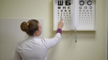 Görsel keskinliği test etmek için masaların yanında duran bir kadın doktor masadaki harflere kurşun kalemle işaret ediyor. Bir kadın Golovin-Sivtsev masasında kalem oynatıyor.