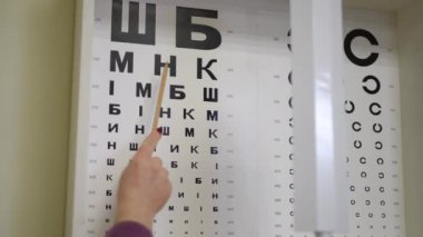 Yakın plan. Bir kadın eli kalemle Golovin-Sivtsev masasında bir şehir kliniğindeki bir hastanın göz muayenesinde hareket ediyor.