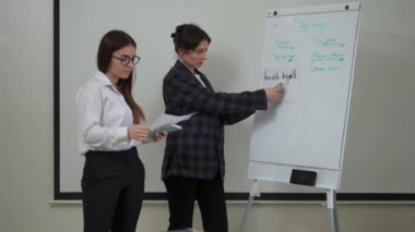 İş kadınları kapalı mekanda dururken bir çizelgeye bağlı bir grafiği tartışıyor