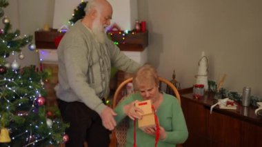 Yaşlı bir kadın, partneri endişeli bir bakışla yanında dururken bir Noel hediyesini açarken hayal kırıklığını ifade eder. Bayram sahnesini şenlikli süslemeler ve yanan ağaçlar hazırladı..