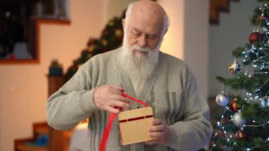 Güzel paketlenmiş bir hediyeyi elinde tutan yaşlı bir adam, Noel 'in neşesini bir şenlik evinde somutlaştırıyor..