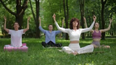 Beyazlı bir yoga öğretmeni huzurlu bir park ortamında grup meditasyonuna öncülük ediyor. Katılımcılar bağdaş kurup Chin Mudra 'yı kapalı gözlerle canlandırıyorlar, farkındalığı ve iç huzuru somutlaştırıyorlar. Şey...