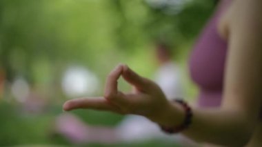 Çene Mudra jestini gerçekleştiren bir elin yakın çekimi, bereketli bir parkta sakin bir yoga sırasında odak ve enerji akışını sembolize ediyor. Yumuşak arka plan dingin ve meditasyon havasını arttırır.