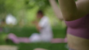Açık hava yoga pratiği sırasında sembolik ve iyileştirici bir el hareketi olan Gyan Mudra 'nın kadın eli hakkındaki detaylı bir bakış açısı. Verimli yeşil park ve bulanık arka plan sükuneti de ekler, farkındalığı vurgular