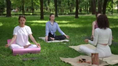 Beyazlar içindeki bir meditasyon öğretmeni huzur veren bir parkta rahatlatıcı sesler çıkarmak için bir yağmur çubuğu kullanarak grup seansına rehberlik eder. İki katılımcı paspaslar üzerinde yan yana oturur, nefeslerine odaklanır ve...
