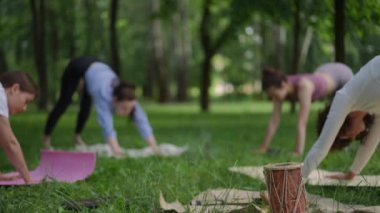 Bir grup kadın açık hava yoga seansı sırasında Adho Mukha Svanasana ya da Downward Dog Poose çalışmaktadır. Her katılımcı hizalama ve istikrar üzerine odaklanır. Davul ve yoga aletleri gibi.
