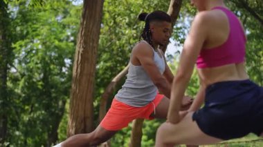 Canlı bir açık hava sahnesi, bireyleri aktif olarak bir grup esneme rutinine girerken gösteriyor.