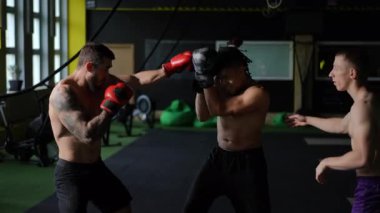 Kendini işine adamış üç sporcu modern bir spor salonunda yoğun bir boks antrenmanına katılıyor.