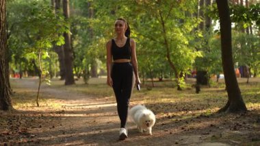 Ağır çekim. Bir kadın, tüylü beyaz köpeğiyle güneşli bir ormanda dolaşmaktan zevk alır. Huzuru kucaklayan doğası..