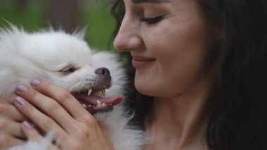 Bir kadın ve inanılmaz sevimli Pomeranya köpeği arasında paylaşılan keyifli ve keyifli anları yakalıyorum.