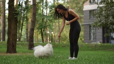 Güzel, yemyeşil bir park ortamında neşeli bir kadın tüylü beyaz köpeğiyle neşe içinde etkileşime girer.