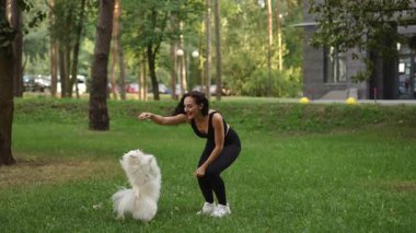 Neşeli bir kadın, tüylü köpeğiyle eğlence dolu güzel, güneşli bir park ortamında mutlu bir şekilde oynuyor.
