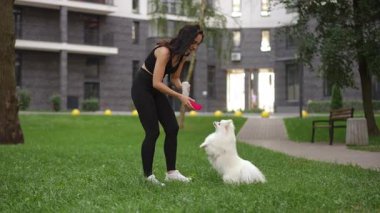 Güneşli bir parkta, bir kadın tüylü beyaz köpeğiyle neşe içinde oynuyor, derin dostluklarını sergiliyor