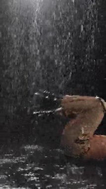 Dinamik sahneler, yağmurda zarif bir şekilde hareket eden bir dansçıyı dramatik bir şekilde yakalıyor.