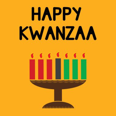 Siyah, kırmızı ve yeşil olmak üzere geleneksel Afrika renklerinde yedi Kinara mumu ve yıldızlı şirin Kwanzaa deseni. Vektör Kwanzaa tatil arkaplan tasarımı.