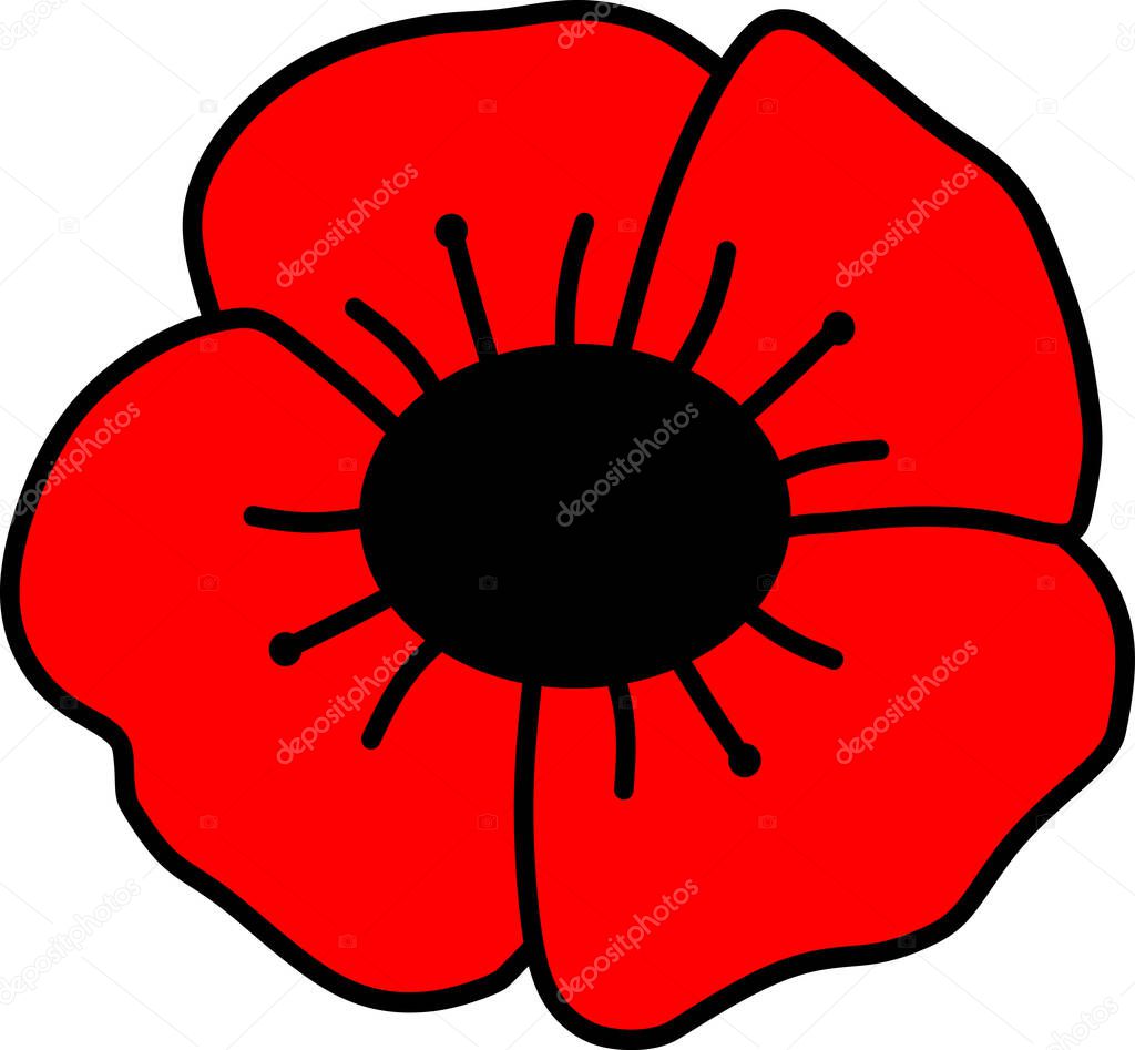 The remembrance poppy - poppy appeal. Poppy design isolated on white. Decorative vector flower for Remembrance Day, Memorial Day, and Anzac Day in New Zealand, Australia, Canada, and Great Britain.