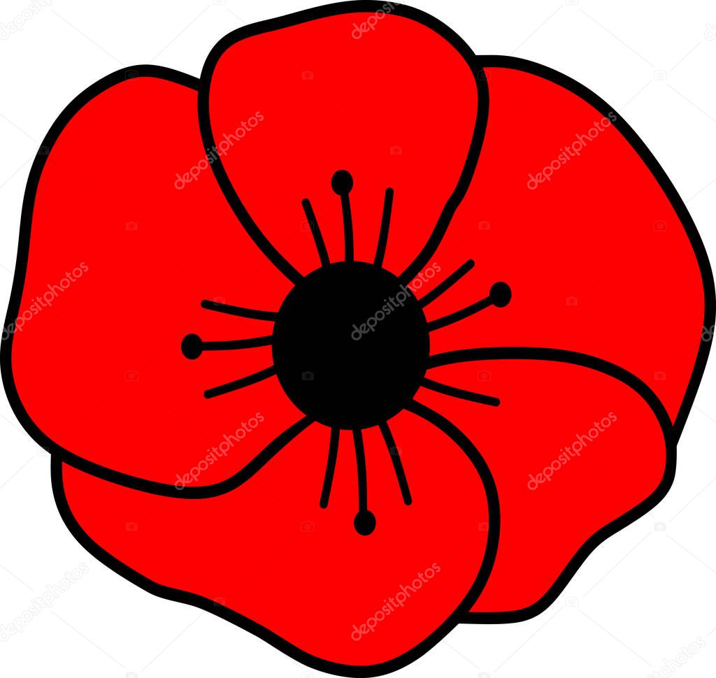The remembrance poppy - poppy appeal. Poppy design isolated on white. Decorative vector flower for Remembrance Day, Memorial Day, and Anzac Day in New Zealand, Australia, Canada, and Great Britain.