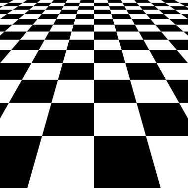 Aşırı perspektifli optik illüzyonla siyah ve beyaz dama tahtası tabanı