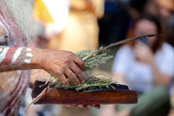 Human hands hold wooden dish with Australian plant branches, the smoke ritual rite at a indigenous community event in Australia