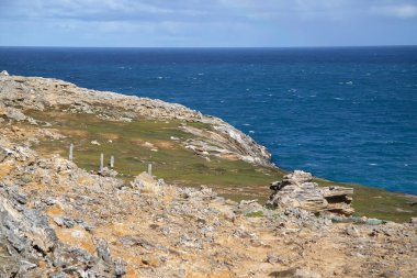 Rocky güzel okyanus manzarası, taştan önplanı ve kayaları olan kıyı şeridi, doğanın gücü.