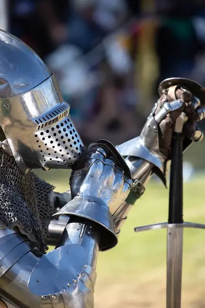 stock image Paracombe, South Australia - 05.05.2024: Medieval Fair, community entertaining event, knights jousting, skill at arms competitions, and battles with knights in armor on horses, medieval adventure.