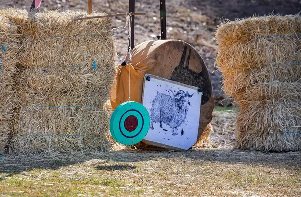 Ortaçağ okçuluk teçhizatı, atış için hedef, ok ve yay. Ortaçağ panayırı. Yüksek kalite fotoğraf