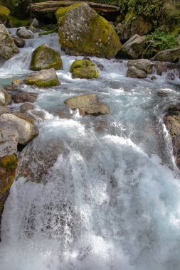 Yeni Zelanda, Güney Adası 'ndaki yüksek dağ nehri. Taşlar ve temiz su. Güzel manzara. Yüksek kalite fotoğraf