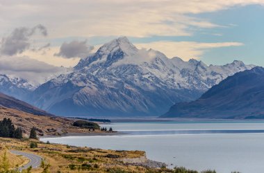 Beautiful lake landscape, mountain and reflection, scenic view, Lake Pukaki, New Zealand, South Island. High quality photo