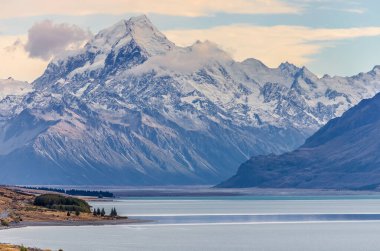 Beautiful lake landscape, mountain and reflection, scenic view, Lake Pukaki, New Zealand, South Island. High quality photo