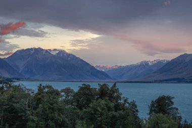 Beautiful lake landscape, mountain and reflection, scenic view, Lake Pukaki, New Zealand, South Island. High quality photo