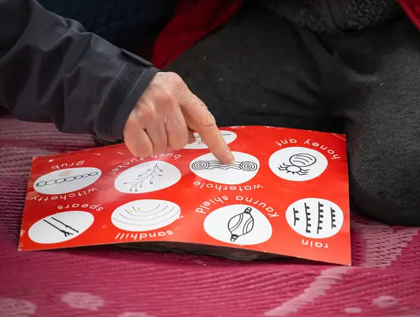 stock image Learning the meaning of South Australian Aboriginal symbols, a hand with a finger points to a picture, Kaurna people. Indiginouse culture