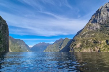 Milford Sound Fiord, Yeni Zelanda 'da deniz manzarası, durgun ve bulutlu bir havada yeşil costline ve yansıması. Doğada Güzellik