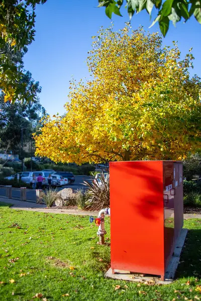 stock image Red fire tank for water against the background of green grass trees and yellow autumn leaves, bright objects. High quality photo