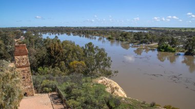 Güney Avustralya 'da yemyeşil bitki örtüsüyle çevrili Murray Nehri' nin sakin sularından geçen feribot. Yüksek kalite fotoğraf