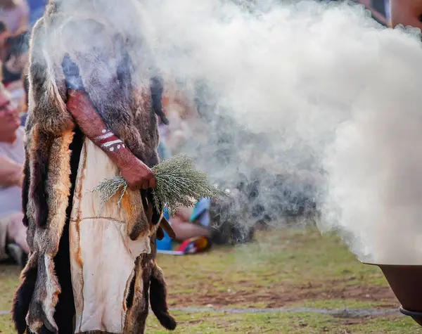Avustralya 'da bir yerel halk etkinliğinde dumanla yapılan ayin olan Avustralya bitki dallarıyla dolu ahşap tabağı insan eliyle tutuyor.