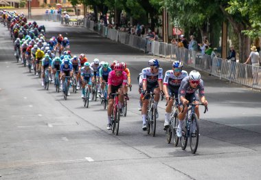Adelaide, Güney Avustralya, 26-01-2025: The Tour Down Under, Avustralya 'nın en büyük bisiklet yarışı, Adelaide şehrinin sokaklarındaki yol bisikleti sahnesi, profesyonel bisikletçiler yoğun bir rekabet içinde kent sokaklarında koşuyorlar.