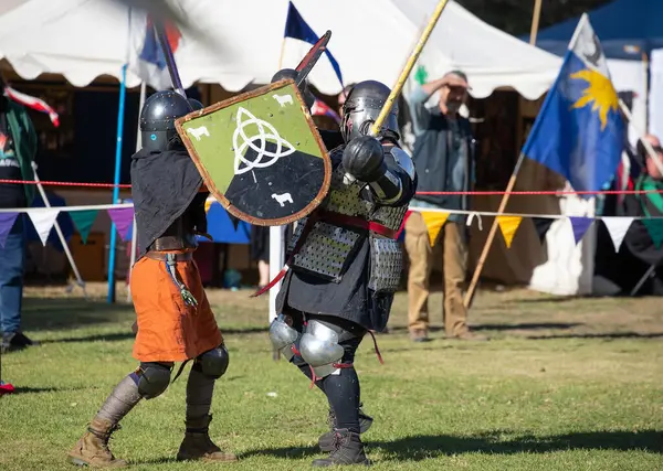Paracombe, Güney Avustralya 05.03.2025. Güney Avustralya 'daki Ortaçağ Fuarı' nda kılıçlar ve kalkanlarla yapılan yeniden canlandırma turnuvasında zırhlı şövalyeler düello yapıyor.