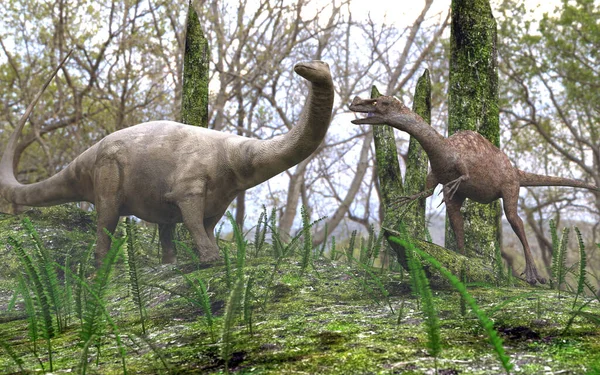 Uma Ilustração Dinossauros Uma Floresta Jovem Brontossauro Assustado Por Ornitólogo — Fotografia de Stock