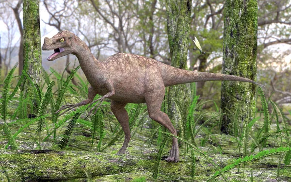 Dinosaurio Ornitholestes Mueve Través Una Zona Boscosa Pantanosa Esta Escena — Foto de Stock