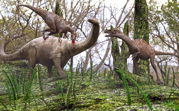 Ілюстрація Двох Орнітолестських Динозаврів Атакують Молодого Бронтозавра — стокове фото