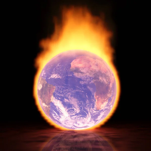 The World Is Burning: A 3D illustration of the Earth on fire.